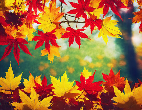 autumn fall leaves background cinematic; red and yellow maple tree