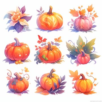 Fairy tale pumpkin illustrations. Pumpkin as a dish of thanksgiving for the harvest, picture on a white isolated background.