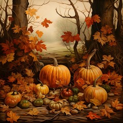 Naklejka na ściany i meble Illustration of an autumn forest in the middle of it pumpkins and leaves. Pumpkin as a dish of thanksgiving for the harvest.