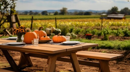 Photo of a wooden table with benches, and on it plates of pumpkins in the background field. Pumpkin as a dish of thanksgiving for the harvest.