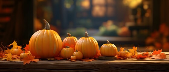 Elegantly arranged pumpkins and autumn leaves on a wooden table top, smudged background. Pumpkin as a dish of thanksgiving for the harvest.