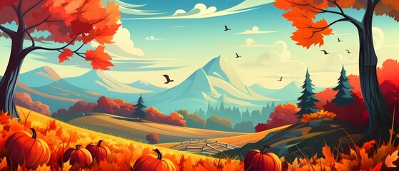 Fairy tale illustration; pumpkins flowers fields with mountains in background. Banner. Pumpkin as a dish of thanksgiving for the harvest. - obrazy, fototapety, plakaty