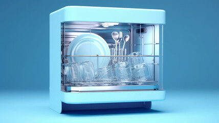 One dishwasher, suspended, blue and white, light blue background,generative ai