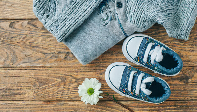 Baby sneakers. Set of baby clothes and accessories for spring or autumn. Fashion kids outfit. Flat lay, top view