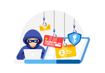 Cybersecurity concept vector illustration showing a hacker with phishing hooks targeting email, credit card, and secure data