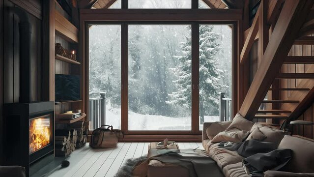 Winter Cabin Interior with Cozy Fireplace, Looped footage
