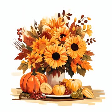 Painted bouquet of autumn flowers and harvest from the field. Pumpkin as a dish of thanksgiving for the harvest, picture on a white isolated background.