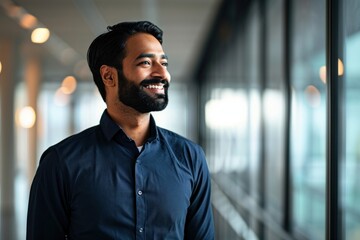 Happy bearded Indian business man leader looking away standing in office hallway. Professional smiling businessman manager executive or male employee or entrepreneur thinking of future, Generative AI