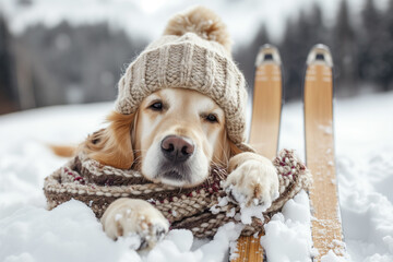 the dog is going to ski. Pet wearing winter accessories. dog wearing winter hat on snowy background. Funny dog looks left in ski suit. Winter vacation concept. Copy space - obrazy, fototapety, plakaty