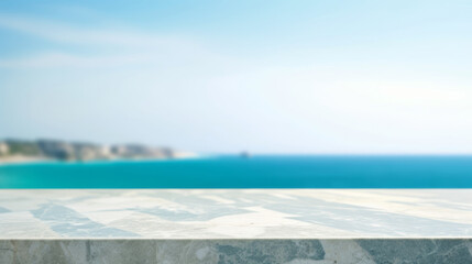 close-up of an empty marble table and blurred ocean background, clear blue sky, mockup background for product display