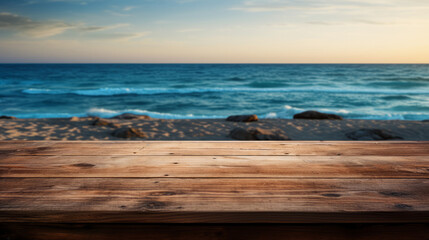 Obraz premium close-up of an empty wooden table and blurred sandy beach and ocean background, evening, mockup background for product display