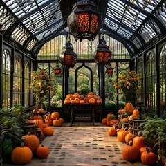 Foto op Canvas An elegant greenhouse filled with pumpkins. Pumpkin as a dish of thanksgiving for the harvest. © Hawk
