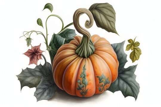Pumpkins and leaves. Pumpkin as a dish of thanksgiving for the harvest, picture on a white isolated background.