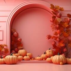 Naklejka na ściany i meble Elegant scenery with pumpkins and autumn leaves. Pink color. Pumpkin as a dish of thanksgiving for the harvest.