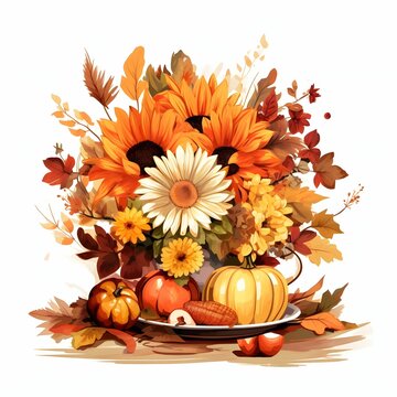 Autumn flowers and harvest from the field. Pumpkin as a dish of thanksgiving for the harvest, picture on a white isolated background.