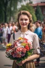 a beautiful woman holding a bouquet of flowers while standing in front of the people