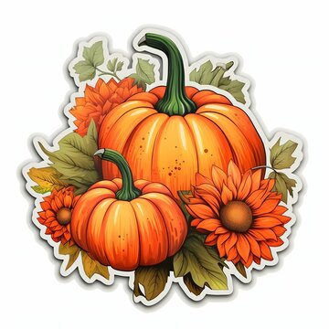 Sticker, pumpkins flowers and leaves. Pumpkin as a dish of thanksgiving for the harvest, picture on a white isolated background.