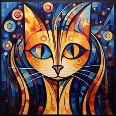 Stained glass art depicting a beautiful cat.	
