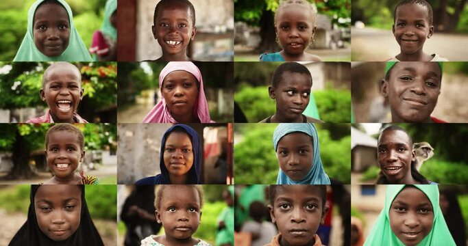 Split Screen Collage: Montage of Close Up Portraits Showing Expressive Authentic African Kids Smiling and Looking at the Camera. Faces of Happy Energetic Black Children and Teenagers Full of Life