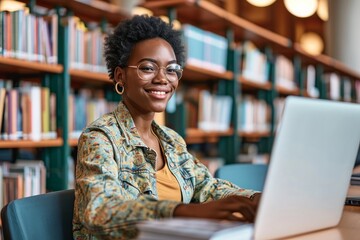 Happy short-haired African girl student using laptop computer technology sitting in university campus library. Smiling young Black woman elearning looking away advertising hybrid work, Generative AI