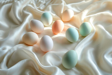 Pastel easter eggs in a white  piece of cloth, beautiful sunlight  - obrazy, fototapety, plakaty