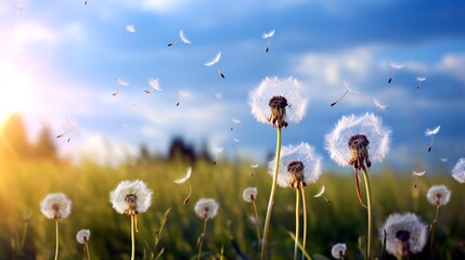 "Dandelion Delight." Fluffy dandelion seeds dancing on a gentle breeze in a sunlit field.