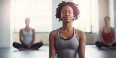 A young woman meditates in yoga classes.