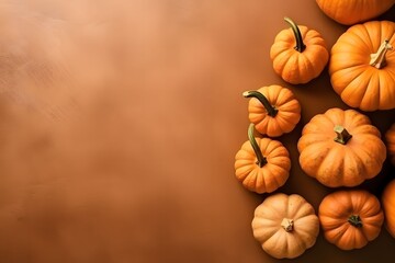 Elegantly arranged colorful pumpkins on the right. Top view, orange color, banner with space for your own content.