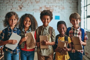 Portrait of cheerful smiling diverse schoolchildren standing posing in classroom holding notebooks and backpacks looking at camera happy after school reopen. Diversity. Back to school, Generative AI