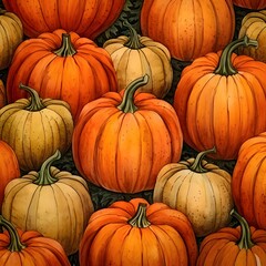 Pumpkins and leaves as abstract background, wallpaper, banner, texture design with pattern - vector. Dark colors.