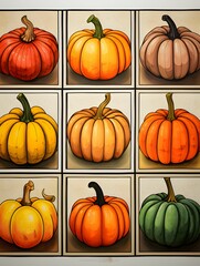 Arranged on shelves of various shapes, pumpkins. Illustration. Pumpkin as a dish of thanksgiving for the harvest.