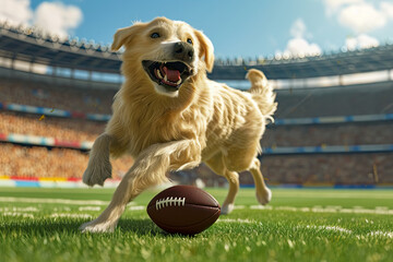 A cheerful golden retriever dog is playing with an American football on a bright, sunny day at a stadium. - obrazy, fototapety, plakaty
