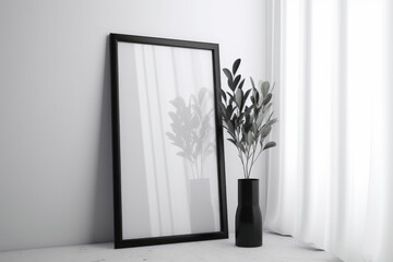 Blank white wall art mockup. One vertical frame with black wooden border