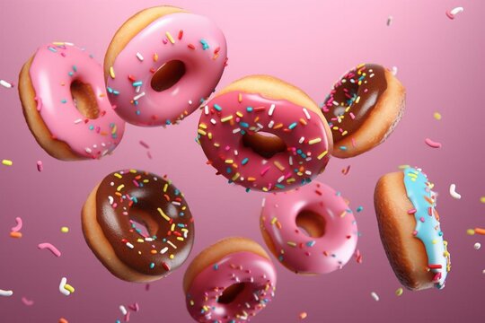 3D rendered donuts flying on a colored background. Generative AI