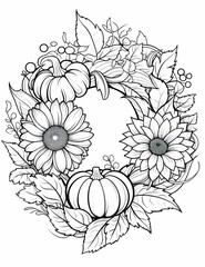 Black and White coloring frame, garland of sunflowers, pumpkin leaves. Pumpkin as a dish of thanksgiving for the harvest, picture on a white isolated background.