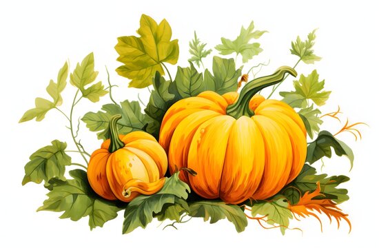 Pumpkins surrounded by Green Leaves. Pumpkin as a dish of thanksgiving for the harvest, picture on a white isolated background.
