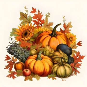 Illustration of elegantly arranged harvest from the field, sunflowers, grapes, pumpkins, autumn leaves. Pumpkin as a dish of thanksgiving for the harvest, picture on a white isolated background.