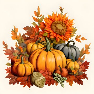 Illustration of elegantly arranged harvest from the field, sunflowers, grapes, pumpkins, autumn leaves. Pumpkin as a dish of thanksgiving for the harvest, picture on a white isolated background.