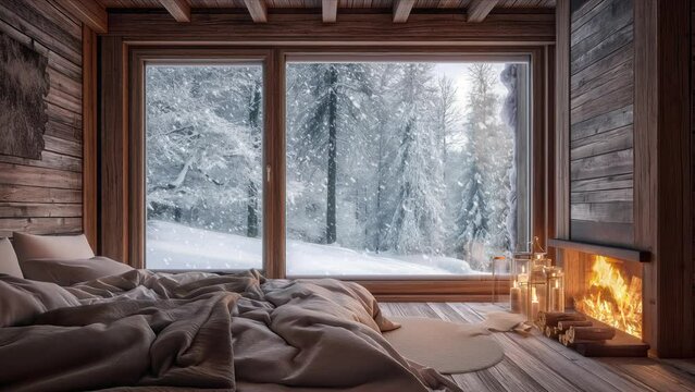 Winter Cabin Interior with Cozy Fireplace, Looped footage