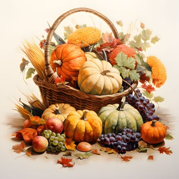 Wicker basket full of grape pumpkin leaves. Pumpkin as a dish of thanksgiving for the harvest, picture on a white isolated background.