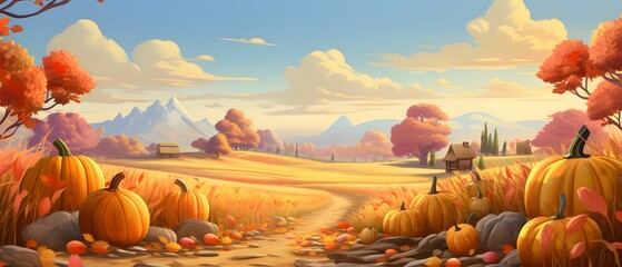 Fairy tale illustration; pumpkins flowers fields with mountains in background. Banner. Pumpkin as a dish of thanksgiving for the harvest. - obrazy, fototapety, plakaty