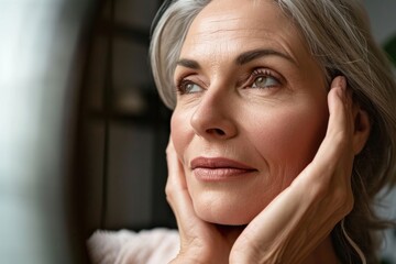 Happy 50s middle aged woman model touching face skin looking in mirror reflection. Smiling mature old lady pampering, healthy moisturized skin care, aging beauty, skincare treatment, Generative AI
