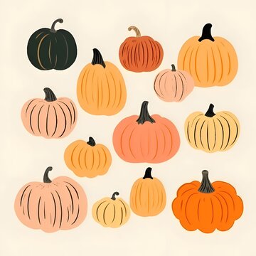 Drawn pumpkins and leaves as abstract background, wallpaper, banner, texture design with pattern - vector. Light colors.
