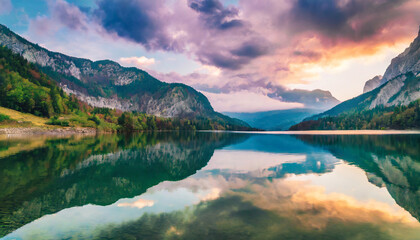 Beautiful cloudscape over mountain lake with reflection and colorful sky