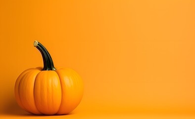 Orange pumpkin on orange background, side view, banner with space for your own content
