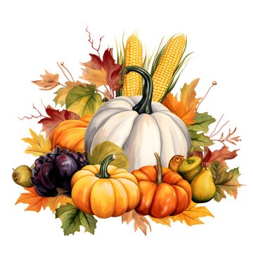 Harvest from the field; pumpkins, corn leaves. Pumpkin as a dish of thanksgiving for the harvest, picture on a white isolated background.
