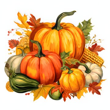 Harvest from the field; pumpkins, corn leaves. Pumpkin as a dish of thanksgiving for the harvest, picture on a white isolated background.