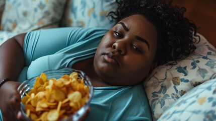 Lazy woman with chips lying on sofa. 