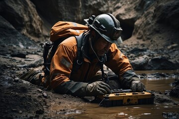 A Visionary Exploration of Mine Awareness and Safety, A Person with Safety Kit and Cutting-Edge Mine Searching Machine