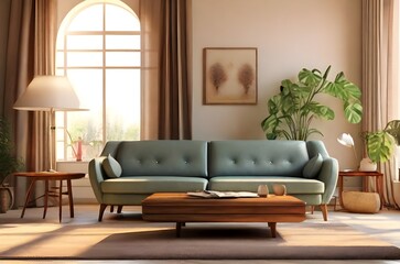 Modern living room with modern furniture and sofa, pillows with houseplants. Sunlight comes to living room through window. Modern Interior decoration. Photorealistic. Neutral living room